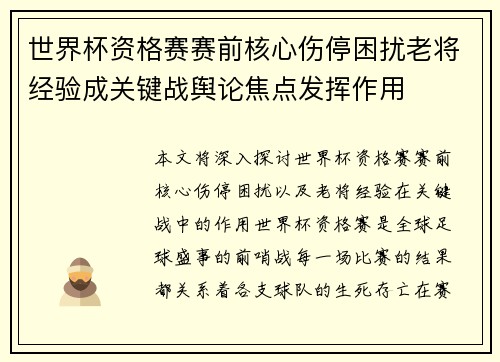 世界杯资格赛赛前核心伤停困扰老将经验成关键战舆论焦点发挥作用