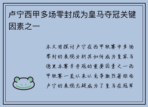 卢宁西甲多场零封成为皇马夺冠关键因素之一