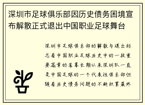 深圳市足球俱乐部因历史债务困境宣布解散正式退出中国职业足球舞台